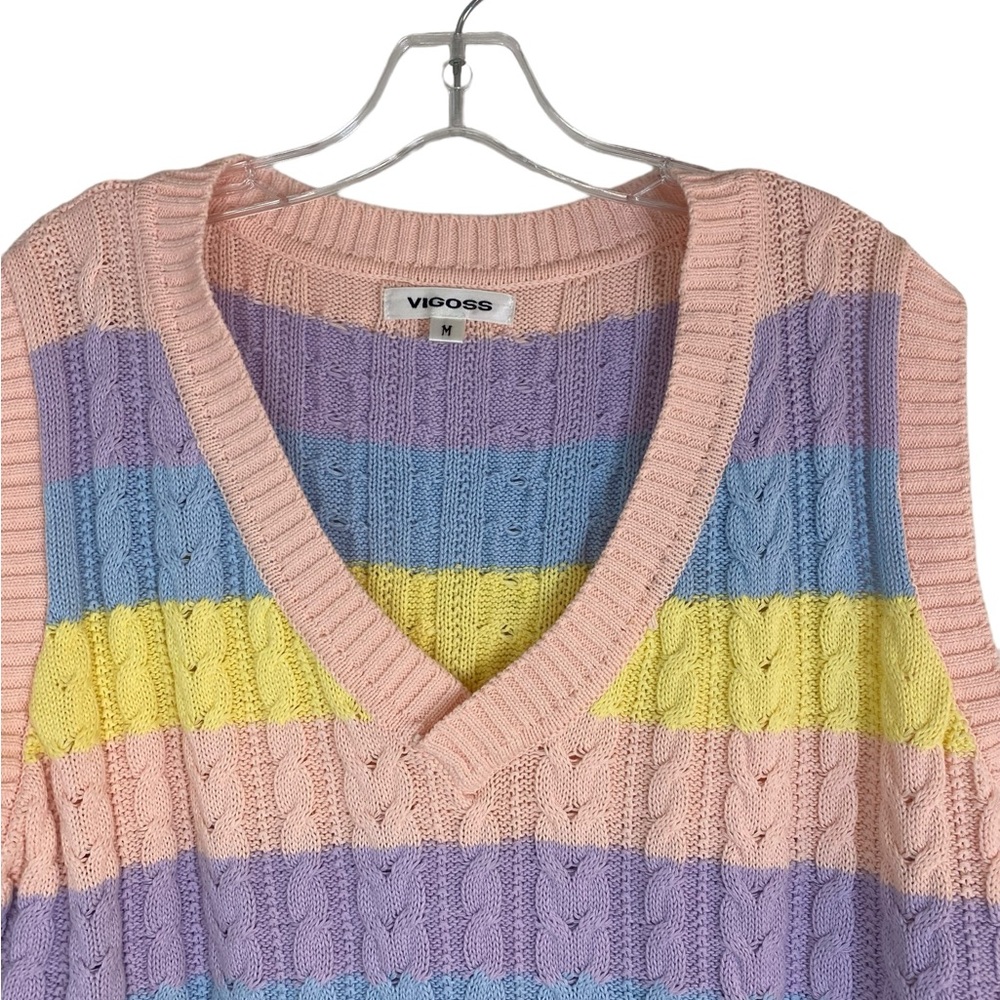 Vigoss Cableknit Sweater Vest Pastel Stripes, Size M Preppy CollegeCore - Picture 3 of 10